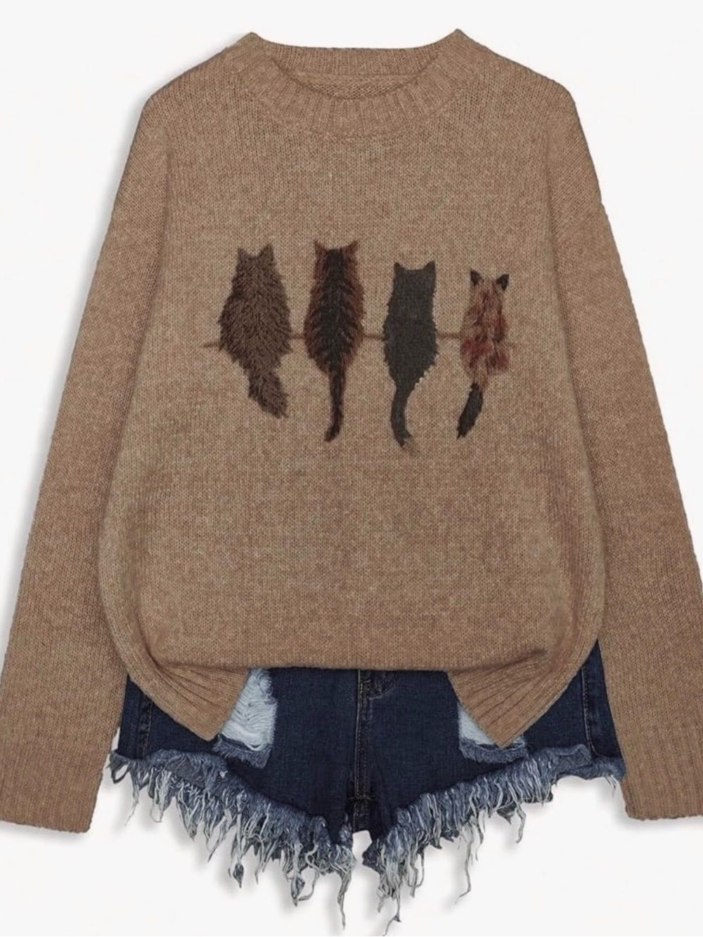 4 Kittens Knit Sweater Kitty Cat Lover Brown 2XL